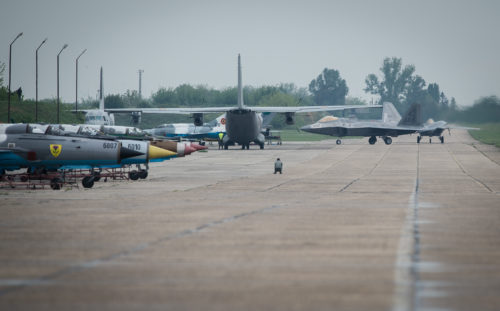 Two U.S. Air Force F-22A Raptor taxis on the flightline at Mihail Kogalniceanu Air Base, Romania, April 25, 2016. The aircraft will conduct air training with other Europe-based aircraft and will also forward deploy from England to maximize training opportunities while demonstrating the U.S. commitment to NATO allies and the security of Europe. The Raptors are deployed from the 95th Fighter Squadron, Tyndall Air Force Base, Florida. (U.S. Air Force photo by Tech. Sgt. Ryan Crane/Released)
