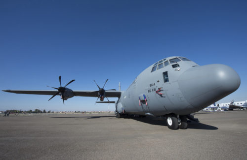 An U.S. Air Force C-130J Hercules assigned to the 86th Airlift Wing from Ramstien Air Base, Germany sits on display at the International Marrakech Airshow in Morocco on Apr. 27, 2016. The six member Air Force crew assigned to the C-130J are displaying their aircraft in the air expo as a gesture of partnership with the host Moroccan nation and a way to promote regional security throughout the continent of Africa. (DoD News photo by TSgt Brian Kimball)