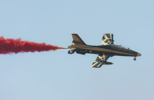 A pilot, with the United Arab Emirates Air Force Aerobatic Display Team, demonstrates the Al Fursan aircrafts inflight capabilities during the International Marrakech Airshow in Morocco on Apr. 27, 2016. Several United States, independent and government owned aircraft were displayed at the expo in an effort to demonstrate their capabilities to a broad audience of individuals from approximately 54 other countries. (DoD News photo by TSgt Brian Kimball)