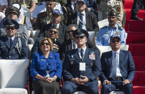 Mrs. Heidi Grant (center left), the Deputy Under Secretary of the Air Force of International Affairs, and U.S. Air Force General Frank Gorenc (center right), Commander of U.S. Air Force in Europe – Air Forces Africa, watch an aircraft fly over during the opening day ceremony of the International Marrakech Airshow in Morocco on Apr. 27, 2016. Several U.S. independent and government owned aircraft were displayed at the expo in an effort to demonstrate their capabilities to a broad audience of individuals from approximately 54 other countries. (DoD News photo by TSgt Brian Kimball)