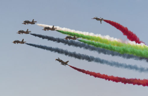 Pilots with the United Arab Emirates air force Aerobatic Display Team demonstrate the Al Fursan aircraft's inflight capabilities during the International Marrakech Airshow in Morocco, April 27, 2016. Several United States aircraft were displayed at the expo in an effort to demonstrate their capabilities to a broad audience of individuals from approximately 54 other countries. (DoD photo by Tech Sgt. Brian Kimball)