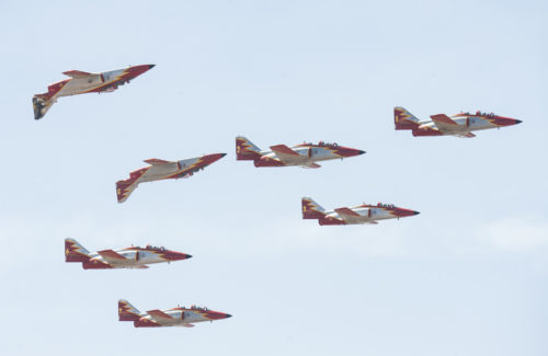 Pilots, with the Spanish Air Force Aerobatic Display Team, demonstrate the their aircrafts inflight capabilities during the International Marrakech Airshow in Morocco on Apr. 27, 2016. Several United States, independent and government owned aircraft were displayed at the expo in an effort to demonstrate their capabilities to a broad audience of individuals from approximately 54 other countries. (DoD News photo by TSgt Brian Kimball)