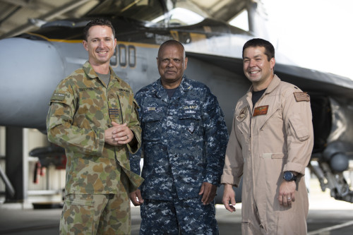 Commanding Officer of Number 4 Squadron, Wing Commander Harvey Reynolds AM,  US Navy Ground Maintenance Officer Warrant Officer Class 2 Derek Jans and Commanding Officer of US Navy VFA-115 Commander Doug Gray stand in front of a F/A-18E Super Hornet during a media launch for Exercise Black Dagger.[/caption]

[caption id=