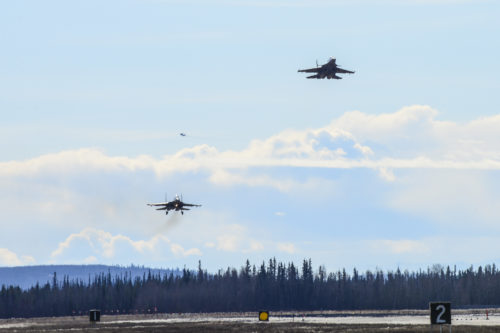 Indian Air Force Su-30MKI fighter aircraft prepare to land at Eielson Air Force Base, Alaska, April 16, 2016. Indian Air Force airmen arrived at Eielson in preparation for RED FLAG-Alaska 16-1. RF-A is a series of Pacific Air Forces commander-directed field training exercises for U.S. and partner nation forces, providing combined offensive counter-air, interdiction, close air support and large force employment training in a simulated combat environment. (U.S. Air Force photo by Staff Sgt. Joshua Turner)