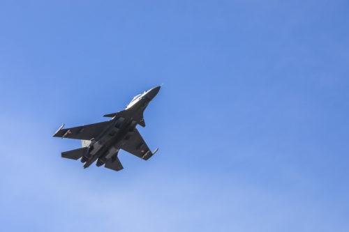 An Indian Air Force Su-30MKI fighter aircraft circles before landing at Eielson Air Force Base, Alaska, April 16, 2016. Indian Air Force airmen arrived at Eielson in preparation for RED FLAG-Alaska 16-1. On average, more than 1,000 participants and up to 60 aircraft deploy to Eielson during the two-week exercise. (U.S. Air Force photo by Staff Sgt. Joshua Turner)