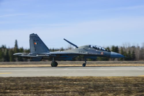 An Indian Air Force Su-30MKI fighter aircraft lands at Eielson Air Force Base, Alaska, April 16, 2016. Indian Air Force airmen arrived at Eielson in preparation for RED FLAG-Alaska 16-1. On average, more than 1,000 people and up to 60 aircraft deploy to Eielson during the two-week exercise. (U.S. Air Force photo by Staff Sgt. Joshua Turner)