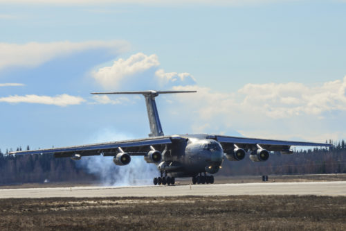 An Indian Air Force IL-78MKI aerial refueling aircraft lands at Eielson Air Force Base, Alaska, April 16, 2016. Indian Air Force airmen arrived at Eielson in preparation for RED FLAG-Alaska 16-1. RF-A is a series of Pacific Air Forces commander-directed field training exercises for U.S. and partner nation forces, providing combined offensive counter-air, interdiction, close air support and large force employment training in a simulated combat environment. (U.S. Air Force photo by Staff Sgt. Joshua Turner)