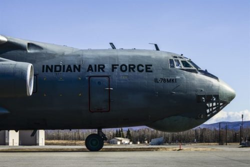 An Indian Air Force IL-78MKI aerial refueling aircraft taxis on the Eielson Air Force Base, Alaska, flight line April 16, 2016. Indian Air Force airmen arrived at Eielson in preparation for RED FLAG-Alaska 16-1. On average, more than 1,000 participants and up to 60 aircraft deploy to Eielson during the two-week exercise. (U.S. Air Force photo by Staff Sgt. Joshua Turner)