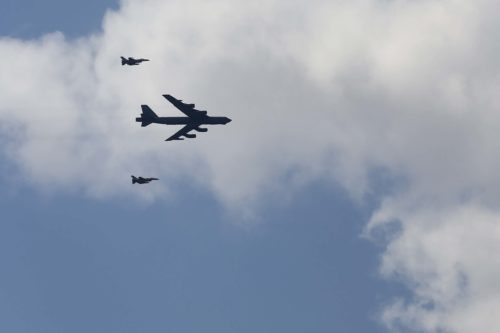 A U.S. Air Force B-52 Stratotress drops Mark 82's during a combined live fire demonstration during Exercise Eager Lion 16 at a training area in  Jordan, May 24, 2016. Eager Lion 16 is a US military bi-lateral exercise with the Hashemite Kingdom of Jordan designed to strengthen relationships and interoperability between partner nations. (U.S. Marine Corps photo by Cpl. Lauren Falk 5th MEB COMCAM/Released)