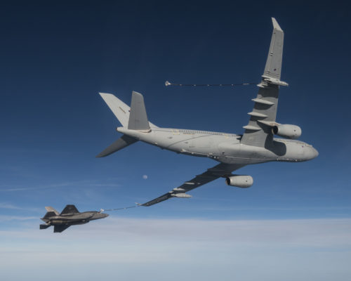 BF-04 Flt 361 piloted by LT William Bowen, tanks off an RAF Voyager (KC-30) tanker for the first time on 19 April 2016 from NAS Patuxent River, MD, USA