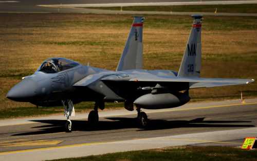 A U.S. F-15C Eagle taxis after arrival at Amari Air Base, Estonia in support of exercise Spring Storm May 4. The U.S.131st Expeditionary Fighter Squadron will fly with the Estonian Defense Force and Polish air force to improve allied air operations and interoperability in a realistic training environment. (U.S. Air Force photo/ Tech. Sgt. Matthew Plew)
