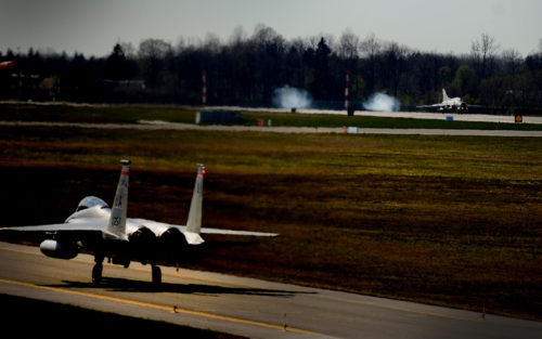 A U.S. F-15C Eagle and a Polish Su-22 Fitter arrive at Amari Air Base, Estonia in support of exercise Spring Storm May 4. The U.S. 131st Expeditionary Fighter Squadron will fly with the Estonian Defense Force and Polish air force to improve allied air operations and interoperability in a realistic training environment. (U.S. Air Force photo/ Tech. Sgt. Matthew Plew)