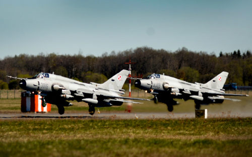 Two Su-22 Fitters taxis launch for a sortie in support of exercise Spring Storm at Amari Air Base, Estonia May 6. The Polish air force will fly with the Estonian Defense Force and the U.S. 131st Expeditionary Fighter Squadron to improve allied air operations and interoperability in a realistic training environment. (U.S. Air Force photo/ Tech. Sgt. Matthew Plew)