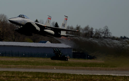 A U.S. F-15C Eagle launches for a sortie at Amari Air Base, Estonia in support of exercise Spring Storm May 6. The U.S.131st Expeditionary Fighter Squadron will fly with the Estonian Defense Force and Polish air force to improve allied air operations and interoperability in a realistic training environment. (U.S. Air Force photo/ Tech. Sgt. Matthew Plew)