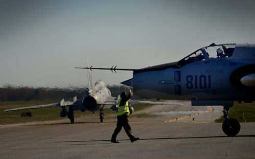 Two Su-22 Fitters taxi for take-off in support of exercise Spring Storm at Amari Air Base, Estonia May 6. The Polish air force will fly with the Estonian Defense Force and the U.S. 131st Expeditionary Fighter Squadron to improve allied air operations and interoperability in a realistic training environment. (U.S. Air Force photo/ Tech. Sgt. Matthew Plew)