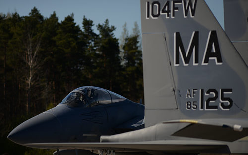 A U.S. F-15C Eagle taxis after landing at Amari Air Base, Estonia in support of exercise Spring Storm May 6. The U.S.131st Expeditionary Fighter Squadron will fly with the Estonian Defense Force and Polish air force to improve allied air operations and interoperability in a realistic training environment. (U.S. Air Force photo/ Tech. Sgt. Matthew Plew)