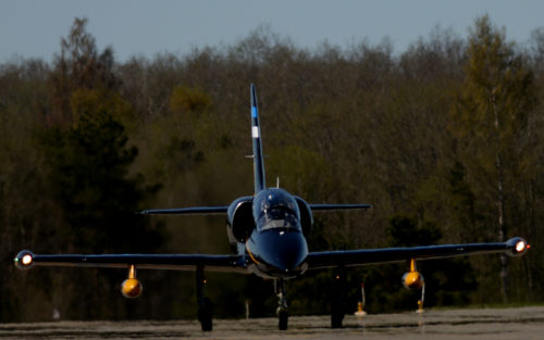 An Estonian L-39 Albatros taxis after landing at Amari Air Base, Estonia in support of exercise Spring Storm May 6. The Estonian Defense Force will fly with the U.S.131st Expeditionary Fighter Squadron and Polish air force to improve allied air operations and interoperability in a realistic training environment. (U.S. Air Force photo/ Tech. Sgt. Matthew Plew)