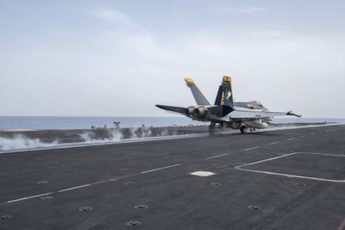 160603-N-PE636-0211  MEDITERRANEAN SEA (June 3, 2016) An F/A-18C Super Hornet, assigned to the "Rampagers" of Strike Fighter Squadron (VFA) 83, launches from the flight deck of aircraft carrier USS Harry S. Truman (CVN 75). Harry S. Truman Carrier Strike Group is deployed in support of Operation Inherent Resolve, maritime security operations and theater security cooperation efforts in the U.S. 6th Fleet area of operations. (U.S. Navy photo by Mass Communication Specialist 3rd Class Anthony Flynn/ Released)