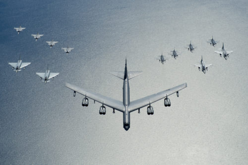 BALTIC SEA (June 9, 2016) A United States Air Force ‪‎B52‬ Stratofortress leads a formation of aircraft including two Polish air force ‪‎F16‬ Fighting Falcons, four U.S. Air Force F16 Fighting Falcons, two German ‪‎Eurofighter‬ ‎Typhoons‬ and four ‪‎Swedish‬ ‎Gripens‬ over the Baltic Sea, June 9, 2016. (U.S. Air Force photo/Senior Airman Erin Babis)