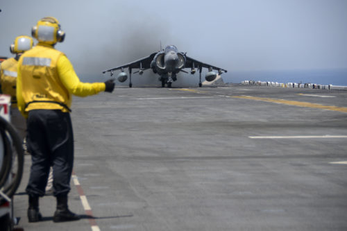 160616-N-UG095-058 ARABIAN GULF (June 16, 2016) An AV-8B Harrier II assigned to the 13th Marine Expeditionary Unit (MEU) launches from the amphibious assault ship USS Boxer (LHD 4) to conduct missions in support of Operation Inherent Resolve. Boxer is the flagship for the Boxer Amphibious Ready Group and, with the embarked 13th MEU, is deployed in support of maritime security operations and theater cooperation efforts in the U.S. 5th Fleet area of operations. (U.S. Navy video by Mass Communication Specialist 3rd Class Michael T. Eckelbecker/Released)