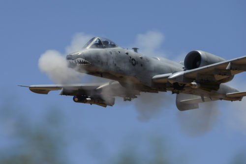An A-10C Thunderbolt II assigned to 75th Fighter Squadron performs a low-angle strafe during the 2016 Hawgsmoke competition at Barry M. Goldwater Range, Ariz., June 2, 2016. Hawgsmoke took place over the course of two days and included team and individual scoring of strafing, high-altitude dive-bombing, Maverick missile precision and team tactics. (U.S. Air Force photo by Senior Airman Chris Drzazgowski/Released)