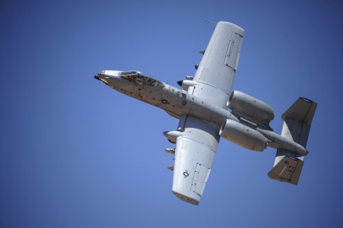 An A-10C Thunderbolt II assigned to the 23rd Fighter Group, Moody AFB, Ga., banks left after performing a low-angle strafe during the Hawgsmoke 2016 competition at the Barry M. Goldwater Range, Ariz., June 2, 2016. The competition took place over the course of two days and included team and individual scoring of strafing, high-altitude dive-bombing, Maverick missile precision and team tactics. (U.S. Air Force photo by Senior Airman Chris Drzazgowski/Released)