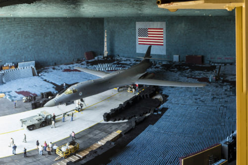 EDWARDS AIR FORCE BASE, Calif. (July 27, 2016) A B-1 Lancer is positioned inside the Benefield Anechoic Facility, called the BAF for short, on Edwards Air Force Base in preparation for a series of electronic warfare tests. The B-1 is the largest aircraft for which the anechoic facility was originally designed to accommodate. (U.S. Air Force photo by Christopher Okula)