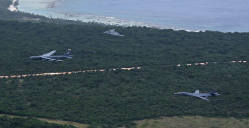 A U.S. Air Force B-52 Stratofortress, B-1 Lancer and B-2 Spirit fly over Guam after launching from Andersen Air Force Base, Guam, for an integrated bomber operation Aug.17, 2016. This mission marks the first time in history that all three of Air Force Global Strike Command's strategic bomber aircraft are simultaneously conducting integrated operations in the U.S. Pacific Command area of operations. As of Aug. 15, the B-1 Lancer will be temporarily deployed to Guam in support of U.S. Pacific Command's Continuous Bomber Presence mission. (U.S. Air Force photo by Senior Airman Joshua Smoot)