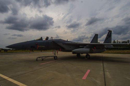 A California Air National Guard F-15C Eagle remains parked on the flightline at Graf Ignatievo, Bulgaria, Sept. 7, 2016. Four F-15Cs assigned to the 194th Expeditionary Fighter Squadron will conduct joint NATO air policing missions with the Bulgarian air force to police the host nation’s sovereign airspace Sept. 9-16, 2016. The squadron forward deployed to Graf Ignatievo from Campia Turzii, Romania, where they serve on a theater security package deployment to Europe as a part of Operation Atlantic Resolve. (U.S. Air Force photo by Staff Sgt. Joe W. McFadden)