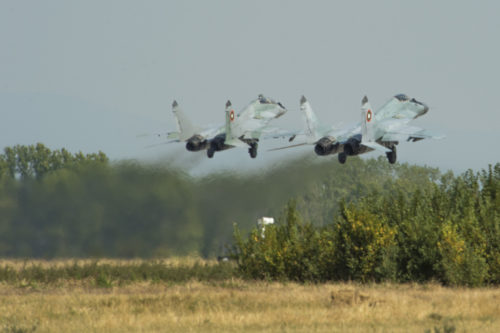 Two Bulgarian air force Mikoyan MiG-29 fighter aircraft assigned to the 3rd Air Force Base take off from the flightline at Graf Ignatievo, Bulgaria, Sept. 8, 2016. Four F-15C Eagle fighter aircraft from the 194th Expeditionary Fighter Squadron will conduct joint NATO air policing missions with the Bulgarian air force to police the host nation’s sovereign airspace Sept. 9-16, 2016. The squadron forward deployed to Graf Ignatievo from Campia Turzii, Romania, where they serve on a theater security package deployment to Europe as a part of Operation Atlantic Resolve. (U.S. Air Force photo by Staff Sgt. Joe W. McFadden)