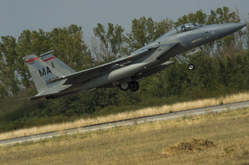 A Massachusetts Air National Guard F-15C Eagle fighter aircraft prepares to land on the flightline at Graf Ignatievo, Bulgaria, Sept. 8, 2016. Four of the 194th Expeditionary Fighter Squadron’s F-15Cs will conduct joint NATO air policing missions with the Bulgarian air force to police the host nation’s sovereign airspace Sept. 9-16, 2016. The squadron forward deployed to Graf Ignatievo from Campia Turzii, Romania, where they serve on a theater security package deployment to Europe as a part of Operation Atlantic Resolve. (U.S. Air Force photo by Staff Sgt. Joe W. McFadden)