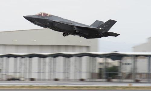 An F-35 Lightning II takes off Sept. 13, 2016, at Mountain Home AFB, Idaho. Luke sent jets to Mountain Home AFB because it provides a unique opportunity for developing proficiency in the destruction of surface-to-air threats at their range complex. (U.S. Air Force photo by Senior Airman Jeremy L. Mosier)