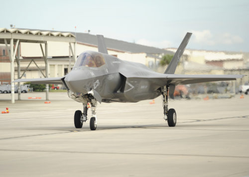 A U.S. Marine F-35 Lightning II from the Marine Fighter Attack Squadron (VMFA) 211 taxis down the Tyndall flightline during a 53rd Weapon Evaluation Group Combat Archer training mission Sept. 16, 2016. During this Weapon System Evaluation Program, VMFA 211 preformed the first operational firing of the F-35’s air-to-air missile weapons system. (U.S. Air Force photo by Senior Airman Solomon Cook/Released)