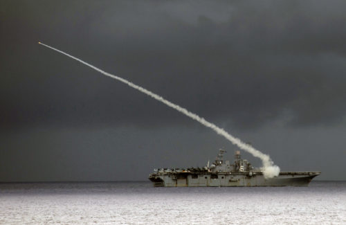 160918-N-BB269-036 PHILIPPINE SEA (Sept. 18, 2016) The Wasp-class amphibious assault ship USS Bonhomme Richard (LHD 6) fires a Sea Sparrow missile during a missile exercise during Valiant Shield 2016. Valiant Shield 16 is a biennial, U.S.-only, field training exercise (FTX) with a focus on integration of joint training among U.S. forces. Germantown, part of the Bonhomme Richard Expeditionary Strike Group with embarked 31st Marine Expeditionary Unit, is participating in Valiant Shield in an effort to increase naval integration and joint capabilities in the event of conflict, contingency, or disaster relief. (U.S. Navy photo by Mass Communication Specialist 2nd Class Raymond D. Diaz III/Released)