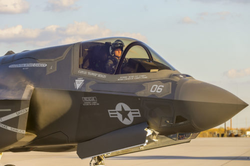 U.S. Marine Corps Maj. Mark Noble, F-35 instructor pilot with Marine Aviation Weapons and Tactics Squadron One (MAWTS-1) taxis on the runway during a hot load at Marine Corps Air Station Yuma, Ariz., Sept. 22, 2016. The exercise is part of Weapons and Tactics Instructor (WTI) 1-17, a seven-week training event hosted by MAWTS-1 cadre. MAWTS-1 provides standardized tactical training and certification of unit instructor qualifications to support Marine Aviation Training and Readiness and assists in developing and employing aviation weapons and tactics. (U.S. Marine Corps photograph by SSgt. Artur Shvartsberg, MAWTS-1 COMCAM)