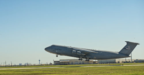 The last C-5A Galaxy aircraft takes off from Joint Base San Antonio-Lackland, Texas Sept. 28, 2016.  The 433rd Airlift Wing said goodbye to the last C-5A model, tail 70-0448. The Alamo Wing will be receiving eight C-5M Super Galaxy aircraft, equipped with new engines resulting in increased propulsion and added fuel savings.  (U.S. Air Force photo by Benjamin Faske)