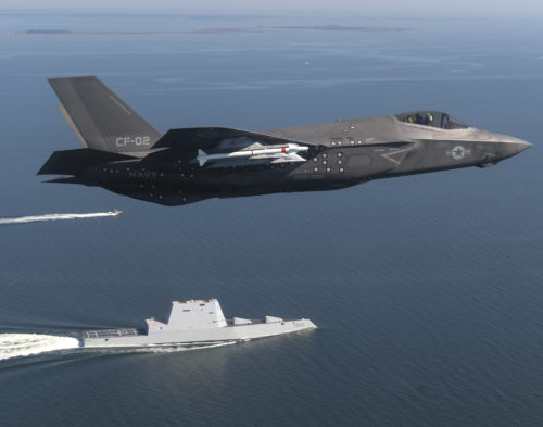 161017-N-VT045-001 CHESAPEAKE BAY, Md. (Oct. 17, 2016) Aircraft CF-02, an F-35 Lightning II Carrier Variant attached to the F-35 Pax River Integrated Test Force (ITF) assigned to Air Test and Evaluation Squadron (VX) 23 completes a flyover of the guided-missile destroyer USS Zumwalt (DDG 1000). (U.S. Navy photo by Andy Wolfe/Released)