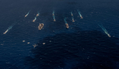 161111-N-OI810-772 PHILIPPINE SEA (Nov. 11, 2016) U.S. Navy, U.S. Air Force, Japan Maritime Self-Defense Force and Japan Air Self-Defense Force ships and aircraft, steam and fly in formation during Keen Sword 17 (KS17) including, USS Shiloh (CG 67), USS Barry (DDG 52), JS Oumi (AOE 426), JS Ashigara (DDG 178), JS Akizuki (DD115), JS Kurama (DDH 144), JS Yamagiri (DD 152), USS Chancellorsville (DDG 62), USS Chicago (SSN 721) and JS Souryu (SS 501). KS17 is a biennial, Chairman of the Joint Chiefs of Staff-directed, U.S. Pacific Command-sponsored Field Training Exercise (FTX). KS17 is designed to meet mutual defense objectives by increasing combat readiness and interoperability between Japan Self-Defense Forces (JSDF) and U.S. forces. The units are on patrol in the Philippine Sea supporting security and stability in the Indo-Asia-Pacific region. (U.S. Navy photo by Petty Officer 3rd Class Nathan Burke/Released)
