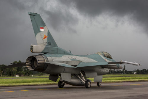 An Indonesian Air Force F-16 Fighting Falcon taxis down the flight line during exercise Cope West 17 at Sam Ratulangi International Airport, Indonesia, Nov. 10, 2016. The combined training offered by this exercise helps prepare the U.S. Marine Corps and Indonesia Air Force to work together in promoting a peaceful Indo-Asia-Pacific region while practicing close air support and air-to-air training that will enhance their ability to respond to contingencies throughout the region. Both the U.S. F/A-18D Hornets and Indonesian F-16 Fighting Falcons bring unique capabilities affording the associated nations the opportunity to learn and understand each other’s skills, preparing them for real world contingencies and further strengthening their relationship. (U.S. Marine Corps photo by Cpl. Aaron Henson)
