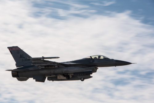 An F-16 Fighting Falcon deployed with the 134th Expeditionary Fighter Squadron takes off for a combat mission from the 407th Air Expeditionary Group, Southwest Asia, Dec. 13, 2016. The unit was able to fly combat operations within 15 hours of arriving at the deployed location. (U.S. Air Force photo/Master Sgt. Benjamin Wilson)(Released)