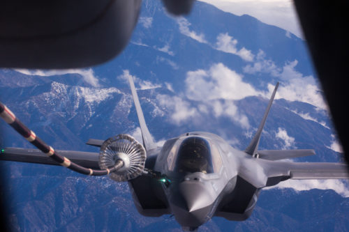 NORTH PACIFIC OCEAN—An F-35B from Marine Fighter Attack Squadron (VMFA) 121, 3rd Marine Aircraft Wing, refuels in flight while transiting the Pacific from Marine Corps Air Station Yuma, Ariz., to Joint Base Elmendorf-Richardson, Alaska, Jan. 9, 2017, with its final destination of Iwakuni, Japan, to join 1st Marine Aircraft Wing. VMFA-121, originally an F/A-18 squadron was re-designated as the Marine Corps’ first F-35 squadron in 2012. (U.S. Marine Corps photo by Sgt. Lillian Stephens)