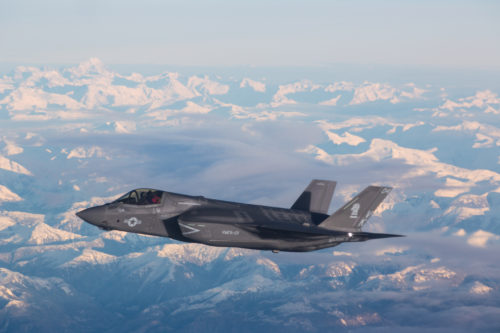 NORTH PACIFIC OCEAN—Marine Corps F-35Bs from Marine Fighter Attack Squadron (VMFA) 121, 3rd Marine Aircraft Wing, transit the Pacific from Marine Corps Air Station Yuma, Ariz., to Joint Base Elmendorf-Richardson, Alaska, Jan. 9, 2017, with its final destination of Iwakuni, Japan, to join 1st Marine Aircraft Wing. VMFA-121, originally an F/A-18 squadron was re-designated as the Marine Corps’ first F-35 squadron in 2012. (U.S. Marine Corps photo by Sgt. Lillian Stephens)
