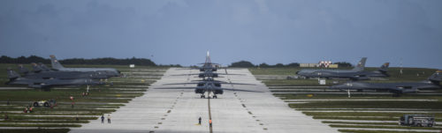 Four U.S. Air Force B-1B Lancers assigned to the 9th Expeditionary Bomb Squadron, deployed from Dyess Air Force Base, Texas, arrive Feb. 6, 2017, at Andersen AFB, Guam. The 9th EBS is taking over U.S. Pacific Command’s Continuous Bomber Presence operations from the 34th EBS, assigned to Ellsworth Air Force Base, S.D. The B-1B’s speed and superior handling characteristics allow it to seamlessly integrate in mixed force packages. These capabilities, when combined with its substantial payload, excellent radar targeting system, long loiter time and survivability, make the B-1B a key element of any joint/composite strike force. While deployed at Guam the B-1Bs will continue conducting flight operations where international law permit. (U.S. Air Force photo by Tech. Sgt. Richard P. Ebensberger/Released)