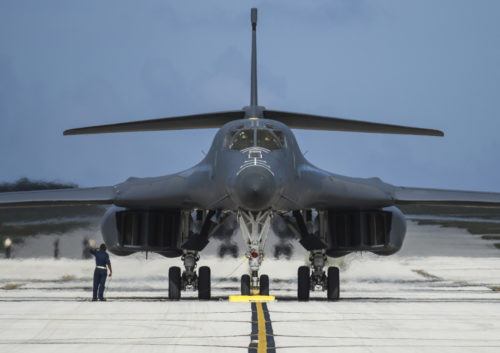 A U.S. Air Force B-1B Lancer assigned to the 9th Expeditionary Bomb Squadron, deployed from Dyess Air Force Base, Texas, arrives Feb. 6, 2017, at Andersen AFB, Guam. The 9th EBS is taking over U.S. Pacific Command’s Continuous Bomber Presence operations from the 34th EBS, assigned to Ellsworth Air Force Base, S.D. The B-1B's blended wing/body configuration, variable-geometry wings and turbofan afterburning engines, combine to provide long range, maneuverability and high speed while enhancing survivability. The rotation of aircraft in support is specifically designed to demonstrate the U.S.’s commitment to the Indo-Asia-Pacific region and enhance routine transiting in international airspace throughout the Pacific. (U.S. Air Force photo by Tech. Sgt. Richard P. Ebensberger/Released)