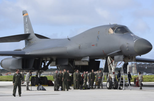 A U.S. Air Force B-1B Lancer assigned to the 9th Expeditionary Bomb Squadron, deployed from Dyess Air Force Base, Texas, arrives Feb. 6, 2017, at Andersen AFB, Guam. The 9th EBS is taking over U.S. Pacific Command’s Continuous Bomber Presence operations from the 34th EBS, assigned to Ellsworth Air Force Base, S.D. The B-1B's blended wing/body configuration, variable-geometry wings and turbofan afterburning engines, combine to provide long range, maneuverability and high speed while enhancing survivability. The rotation of aircraft in support is specifically designed to demonstrate the U.S.’s commitment to the Indo-Asia-Pacific region and enhance routine transiting in international airspace throughout the Pacific. (U.S. Air Force photo by Tech. Sgt. Richard P. Ebensberger/Released)