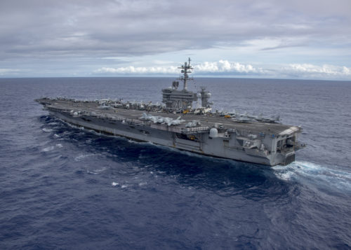 170204-N-BL637-204 PACIFIC OCEAN (Feb. 04, 2017) The aircraft carrier USS Carl Vinson (CVN 70) transits the Pacific Ocean. The Carl Vinson Carrier Strike Group is on a regularly scheduled Western Pacific deployment as part of the U.S. Pacific Fleet-led initiative to extend the command and control functions of U.S. 3rd Fleet. U.S. Navy aircraft carrier strike groups have patrolled the Indo-Asia-Pacific regularly and routinely for more than 70 years. (U.S. Navy photo by Mass Communication Specialist 2nd Class Sean M. Castellano/Released)