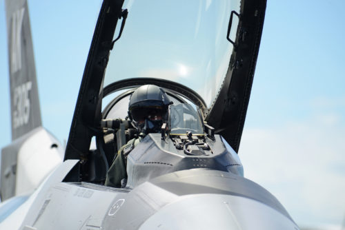 A U.S. Air Force pilot with the 18th Aggressor Squadron and based out of Eielson Air Force Base, Alaska, prepares for taxi in his F-16 Fighting Falcon at Royal Australian Air Force Base Williamtown, during Exercise Diamond Shield 2017 in New South Wales, Australia, March 21, 2017. (U.S. Air Force photo by Tech. Sgt. Steven R. Doty)