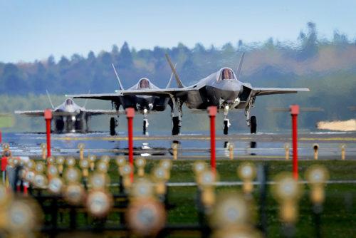 F-35A Lightning II's from the 34th Fighter Squadron at Hill Air Force Base, Utah, land at Royal Air Force Lakenheath, England, April 15, 2017. The aircraft arrival marks the first F-35A fighter training deployment to the U.S. European Command area of responsibility or any overseas location as a flying training deployment. (U.S. Air Force photo/Tech. Sgt. Matthew Plew)