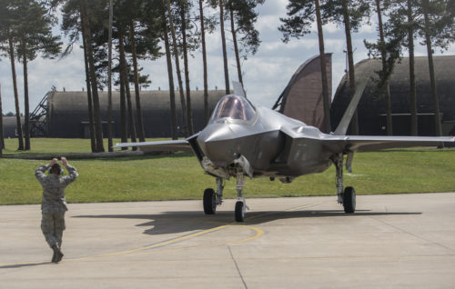 An F-35 Lightning II from the 34th Fighter Squadron at Hill Air Force Base, Utah, taxis in at Royal Air Force Lakenheath, England, April 15, 2017. The aircraft arrival marks the first F-35A fighter training deployment to the U.S. European Command area of responsibility or any overseas location as a flying training deployment. (U.S. Air Force photo/Staff Sgt. Emerson Nuñez)