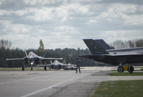 An F-35 Lightning II from the 34th Fighter Squadron at Hill Air Force Base, Utah, taxis in at Royal Air Force Lakenheath, England, April 15, 2017. The U.S. Air Force deployed the aircraft, approximately 250 Airmen, and associated equipment to Lakenheath on a long-planned training deployment to conduct air training with other Europe-based aircraft. (U.S. Air Force photo/Rank Name)